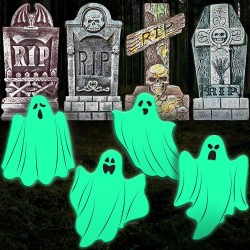 8 PCS Halloween Yard Signs Outdoor Decorations, 4 Reflective Ghost and 4 Tombstone Yard Signs, Come with 16 Plastic Stakes, Scary Gravestone for Halloween Decorations