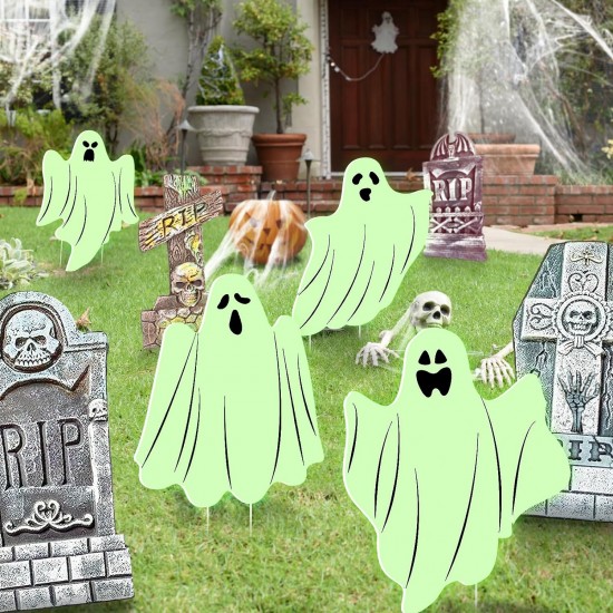 8 PCS Halloween Yard Signs Outdoor Decorations, 4 Reflective Ghost and 4 Tombstone Yard Signs, Come with 16 Plastic Stakes, Scary Gravestone for Halloween Decorations