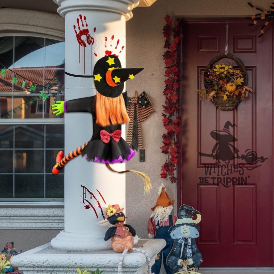 Crashing Witch Decor, Halloween Decorations Clearance Outdoor Witch Props Ornaments, Hanging into Tree/Porch Pole/Door/Indoor/Yard, with Adjustable Band, Outside Garden Funny Witches Flying Crashed