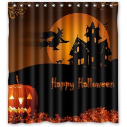 Halloween Pumpkin Cat Witch Castle Bat Moon Polyester Fabric Bathroom Shower Curtain 66x72 inch