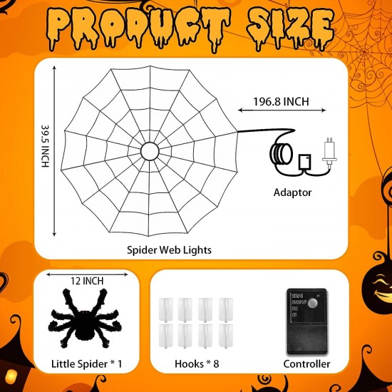 Halloween Spider Web Lights with 70LED Lights, Waterproof Light up Cobweb with Black Spider, Halloween Decorations for House Yard Window Garden Indoor and Outdoor