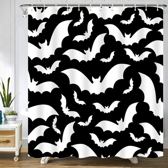 Spooky Halloween Shower Curtain Decor, Gothic Horror Halloween Black and White Bats Shower Curtains 72x72 Inch Polyester Fabric Bathroom Decoration Bath Curtains Hooks Included