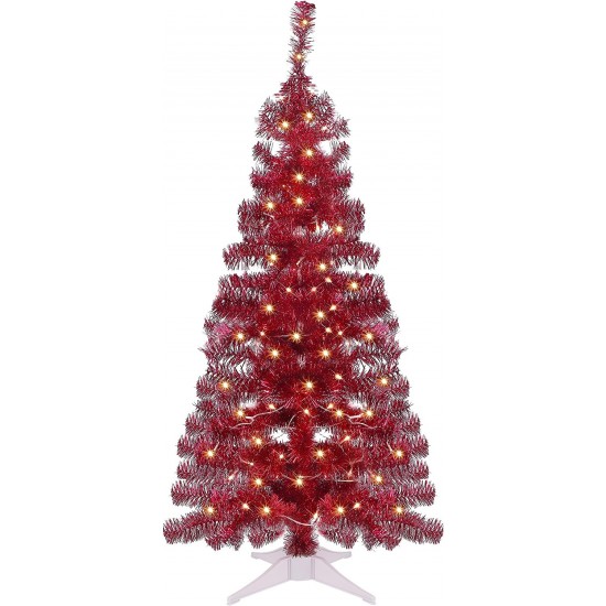 Lighted Artificial Christmas Tree, Not Pre-lit Green Tinsel Pine Spruce Tree, Light up with 70  LED Lights Battery Powered, 8 Modes & Timer for Xmas Holiday Winter Home Party Decor