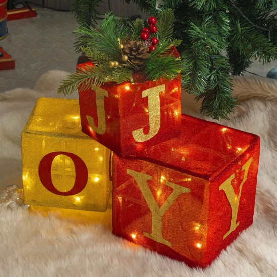 Set of 3 Christmas Lighted Gift Boxes, Pre-lit 60 LED Light Up Present Boxes Ornament Outdoor Tinsel Boxes Decoration for Indoor Christmas Home Yard Lawn Decor