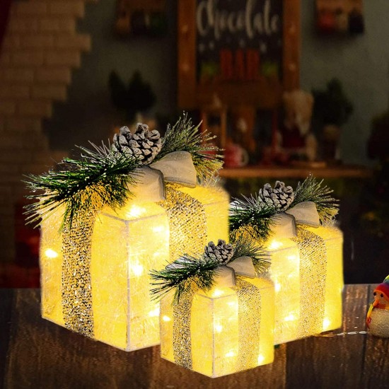 Set of 3 Christmas Lighted Gift Boxes, Pre-lit 60 LED Light Up Present Boxes Ornament Outdoor Tinsel Boxes Decoration for Indoor Christmas Home Yard Lawn Decor