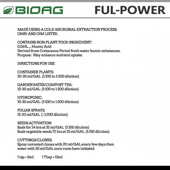 BioAg Ful-Power Liquid Organic Humic Acid Amendment | Increases Yield, Nutrient Uptake, Growth in Hydroponics, Soil, Soilless Media | Plant Food for Lawn, Hemp, Vegetables, Fruits, Flowers (2.5 gal)