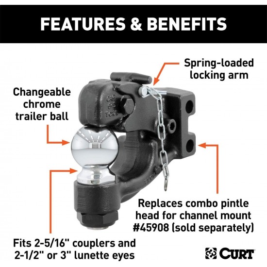 CURT 45922 Channel Mount Pintle Attachment with 2-5/16-Inch Ball, 20,000 lbs, Shank Required