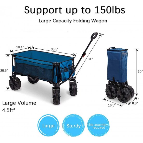 Timber Ridge Folding Wagon Collapsible Utility Big Wheels Shopping Cart for Beach Outdoor Camping Garden All Terrain, Heavy Duty Portable Grocery Cart with Side Bag, Cup Holders