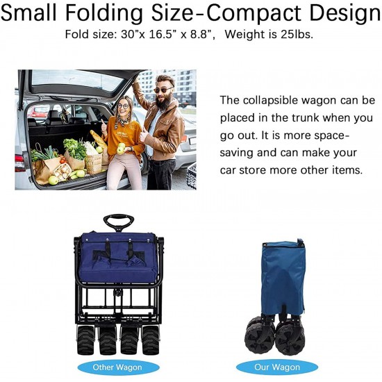 Timber Ridge Folding Wagon Collapsible Utility Big Wheels Shopping Cart for Beach Outdoor Camping Garden All Terrain, Heavy Duty Portable Grocery Cart with Side Bag, Cup Holders