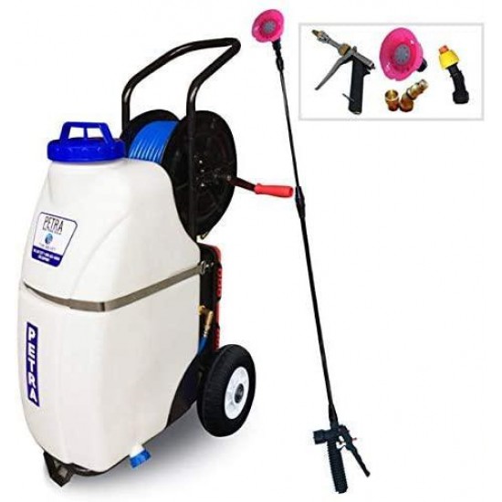 PetraTools Battery Powered 12 Gallon Cart Sprayer - Beast, Heavy Duty Commercial Sprayer w/Custom Built Cart, Offroad Wheels & Solid Steel Easy-Turn Hose Reel for 100 Foot Hose, Multipurpose HD Wand