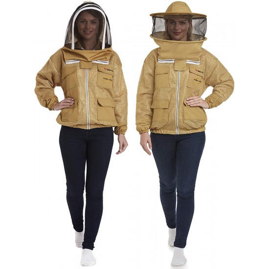 Natural Apiary Zephyros Protect 3 Layer Ventilated Jacket Suit Outfit with 2 x Non-Flammable Veil Mesh (Round & Fencing) Beekeepers Stay Ultra Cool & Protection from Bees & Wasps, Khaki