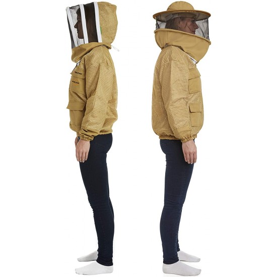 Natural Apiary Zephyros Protect 3 Layer Ventilated Jacket Suit Outfit with 2 x Non-Flammable Veil Mesh (Round & Fencing) Beekeepers Stay Ultra Cool & Protection from Bees & Wasps, Khaki