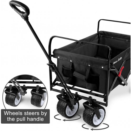 BEAU JARDIN Folding Wagon Cart 300 Pound Capacity Collapsible Utility Camping Grocery Canvas Portable Rolling Lightweight Outdoor Garden Sports Heavy Duty Shopping Wide All Terrain Beach Wheel Black