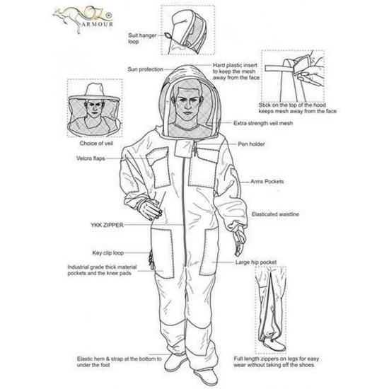 OZ ARMOUR Beekeeping Suit Ventilated Double MESH with Free Cow Hide Ventilated Gloves Fencing Style Veil (Large)