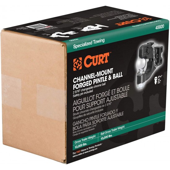 CURT 45920 Channel Mount Pintle Attachment with 2-5/16-Inch Ball, 13,000 lbs, Shank Required