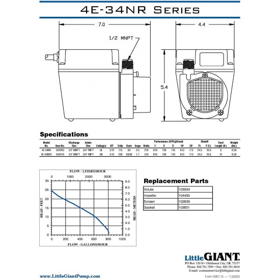 Little Giant 504203 4E-34NR115 Volt 810 GPH Small Submersible Oil-Filled Pump