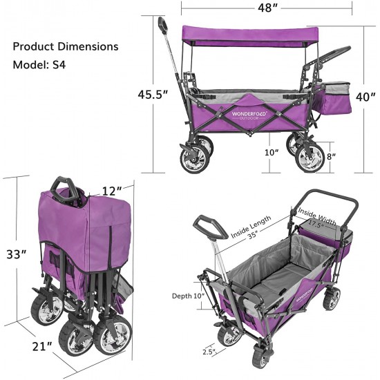 WonderFold Outdoor Push Pull Utility Folding Wagon with Removable Canopy and Foot Brakes, Heavy-Duty Collapsible Cart (Purple)