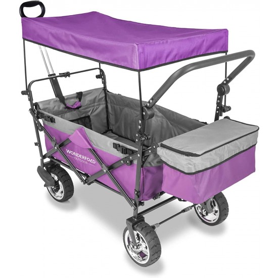 WonderFold Outdoor Push Pull Utility Folding Wagon with Removable Canopy and Foot Brakes, Heavy-Duty Collapsible Cart (Purple)