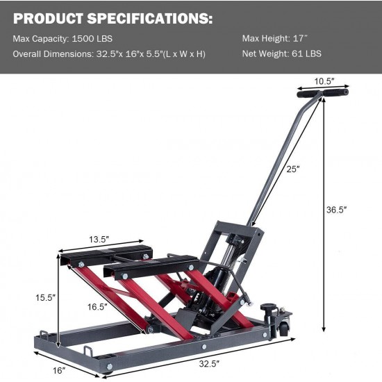 Goplus Motorcycle ATV Hydraulic Scissor Lift Jack Stand Quad Dirt Street Bike Hoist 1500 Lbs