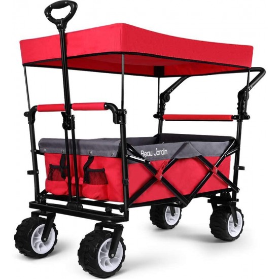 BEAU JARDIN Folding Push Wagon Cart with Canopy Collapsible Utility Camping Grocery Canvas Fabric Sturdy Portable Rolling Lightweight Buggies Outdoor Garden Sport Heavy Duty Shopping Wide Wheel Red