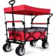 BEAU JARDIN Folding Push Wagon Cart with Canopy Collapsible Utility Camping Grocery Canvas Fabric Sturdy Portable Rolling Lightweight Buggies Outdoor Garden Sport Heavy Duty Shopping Wide Wheel Red