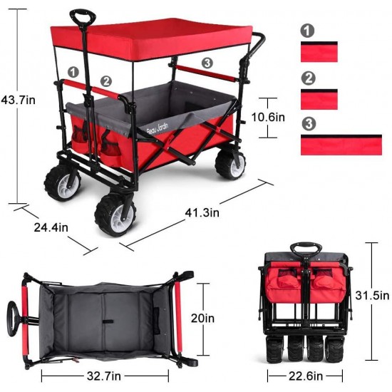 BEAU JARDIN Folding Push Wagon Cart with Canopy Collapsible Utility Camping Grocery Canvas Fabric Sturdy Portable Rolling Lightweight Buggies Outdoor Garden Sport Heavy Duty Shopping Wide Wheel Red