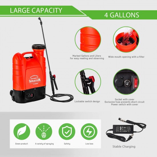 VIVOSUN 4 Gallon Battery Powered Backpack Sprayer Electric Pump Sprayer with Four Nozzles for Garden Lawn, Orange