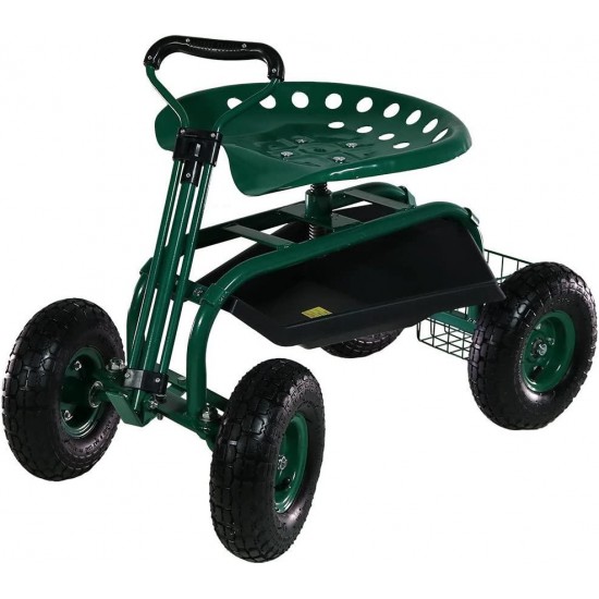 Sunnydaze Garden Cart Rolling Scooter with Extendable Steering Handle, Swivel Seat & Utility Basket, Green