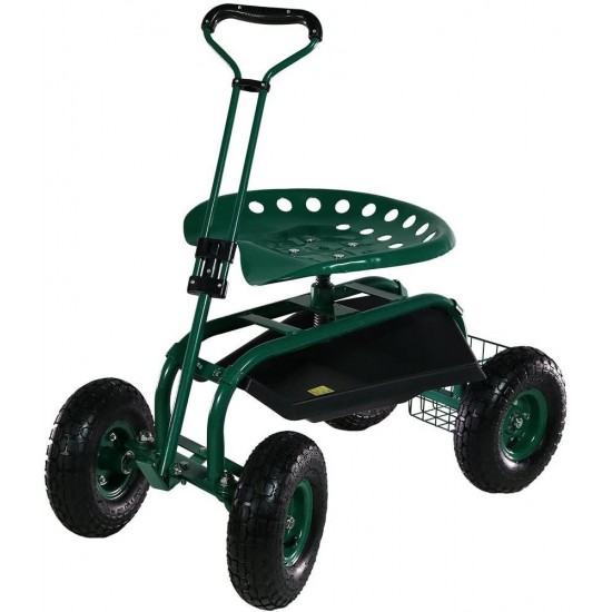 Sunnydaze Garden Cart Rolling Scooter with Extendable Steering Handle, Swivel Seat & Utility Basket, Green