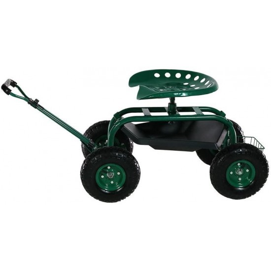 Sunnydaze Garden Cart Rolling Scooter with Extendable Steering Handle, Swivel Seat & Utility Basket, Green