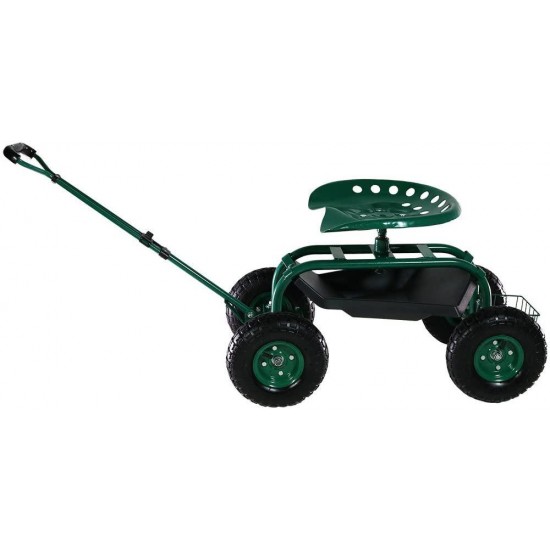 Sunnydaze Garden Cart Rolling Scooter with Extendable Steering Handle, Swivel Seat & Utility Basket, Green