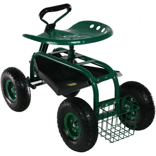 Sunnydaze Garden Cart Rolling Scooter with Extendable Steering Handle, Swivel Seat & Utility Basket, Green