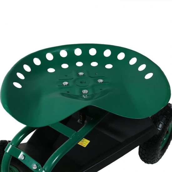 Sunnydaze Garden Cart Rolling Scooter with Extendable Steering Handle, Swivel Seat & Utility Basket, Green