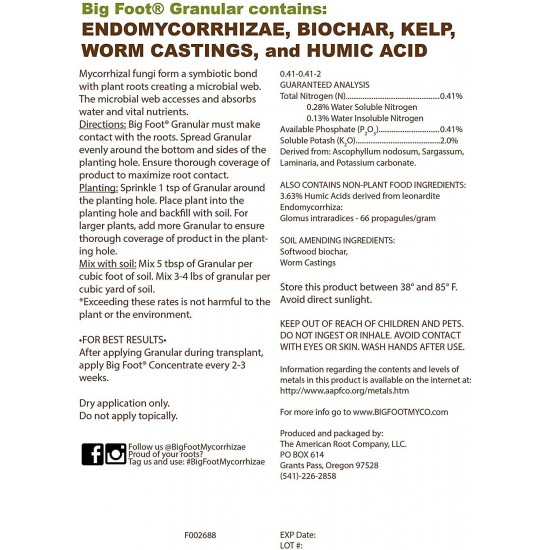 Big Foot Organic Mycorrhizal Fungi Granular Endo Mycorrhizae Inoculant for Plant Root Growth. 1 tsp per Gallon pot during transplant, Includes Biochar, Worm Castings, Micronutrients Treat acres(50 lb)
