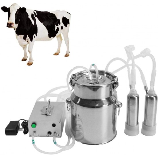 QHWJ Goats Cows Milker Machine Pulsating Vacuum Electric Small Family Farm Milking Kit,7L/14L Steel Milk Barrel, 2 Teat Cups and Cleaning Brush,7L for Cow