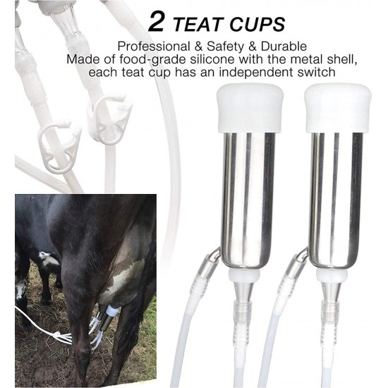 QHWJ Goat Cow Milker Machine, Vacuum Adjustable Speed Farm Milking Kit with 5.5L Stainless Steel Milk Barrel, 2 Teat Cups and Cleaning Brush,for Cow