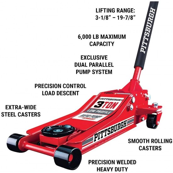 Pittsburgh Automotive 3 Ton Heavy Duty Ultra Low Profile Steel Floor Jack with Rapid Pump Quick Lift