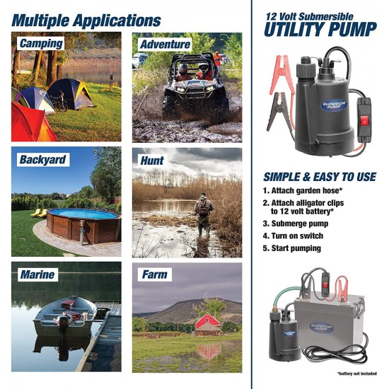 Superior Pump 91012 12 Volt Utility Pump with 20-Foot Cord, Black