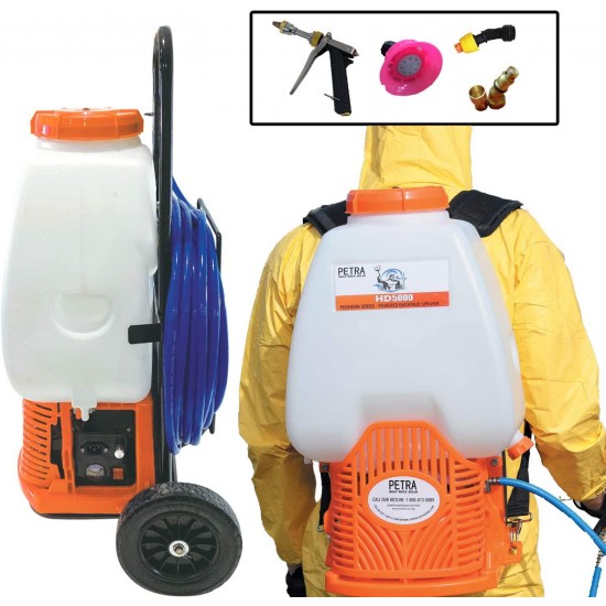 PetraTools Powered Backpack Sprayer with Custom Fitted Cart and 100 Foot Commercial Hose, 2 Hoses Included, Commercial Quality Heavy Duty Sprayer (6.5 Gallon Cart Sprayer)