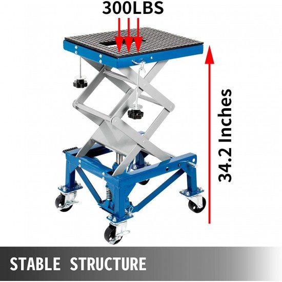 VEVOR Motorcycle Jack, Hydraulic Motorcycle Scissor Jack with 300LBS Load Capacity, Portable Lift Table, Adjustable Motorcycle Lift Jack, Blue Motorcycle Lift Stand with Lockable Casters