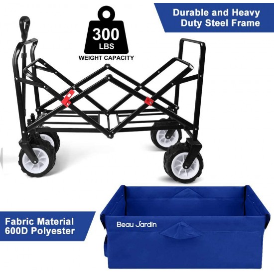 BEAU JARDIN Folding Wagon Cart 300 Pound Capacity Collapsible Utility Camping Grocery Canvas Sturdy Portable Rolling Lightweight Buggies Outdoor Garden Sport Heavy Duty Shopping Wide All Terrain Wheel