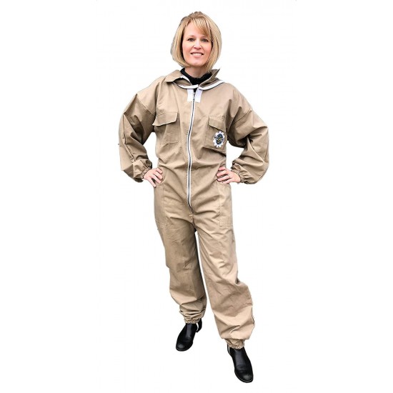 Honey Bee Safe Beekeepers Suit Tan100% Cotton Full Body Coverall in Khaki with Detachable Hooded Veil and Supple Leather Gloves for Women (XSmall)