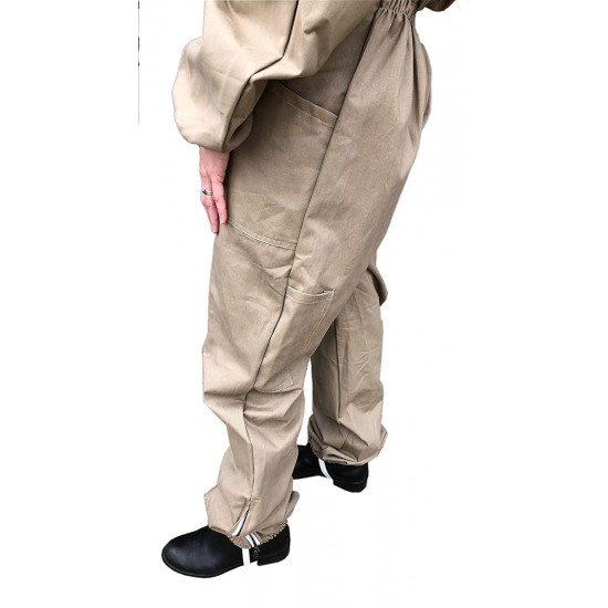 Honey Bee Safe Beekeepers Suit Tan100% Cotton Full Body Coverall in Khaki with Detachable Hooded Veil and Supple Leather Gloves for Women (XSmall)