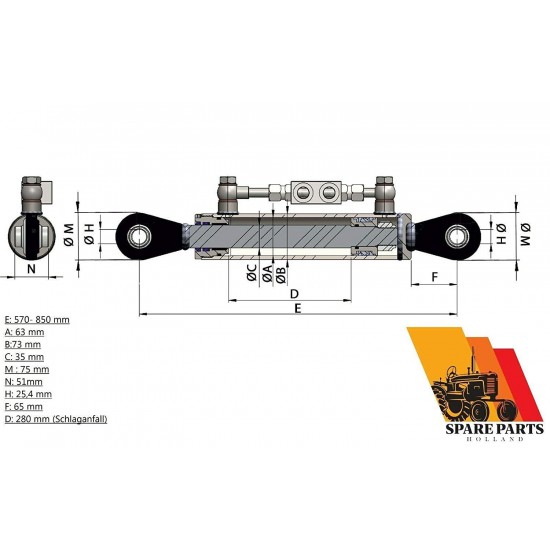 Hydraulic top Link cat. 2-2 with Locking Block 570-850 mm with 2 x Hose