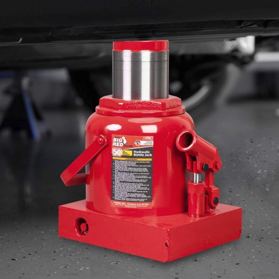 BIG RED T95007 Torin Hydraulic Stubby Low Profile Welded Bottle Jack, 50 Ton (100,000 lb) Capacity, Red