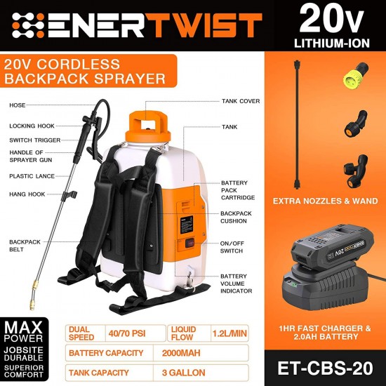 ENERTWIST 20V Battery Powered Backpack Sprayer, 3 Gal Auto Pump Sprayer w/ 2.0Ah Li-ion Battery&Charger, Telescope Wand and 3 Nozzles for Lawn and Garden Spraying, Weeding, Fertilization, Disinfecting