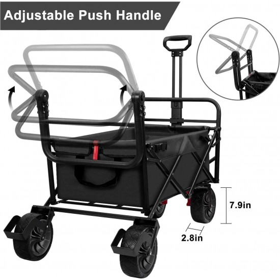 BEAU JARDIN Folding Wagon Cart With Brake Free Standing Collapsible Utility Camping Grocery Canvas Fabric Sturdy Portable Rolling Buggies Outdoor Garden Sport Heavy Duty Shopping Cart Push Wagon Black