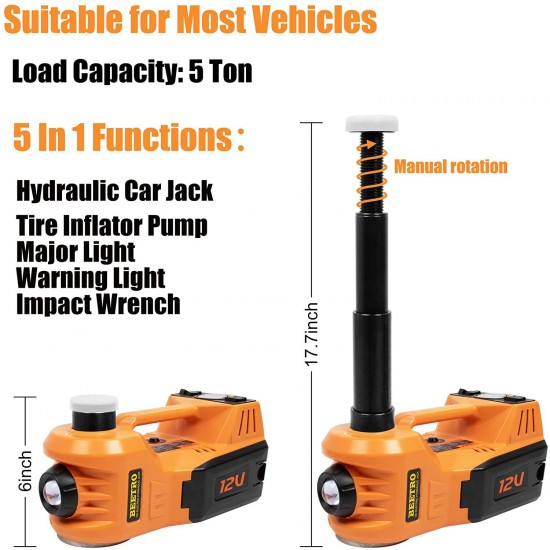 BEETRO 3 Ton Electric Hydraulic Car Jack with Inflator Pump and Electric Wrench, 5 in 1 Multi-Function Electric Car Jack 12V Hydraulic Jack with Jack Pad for an Emergency Tire Change