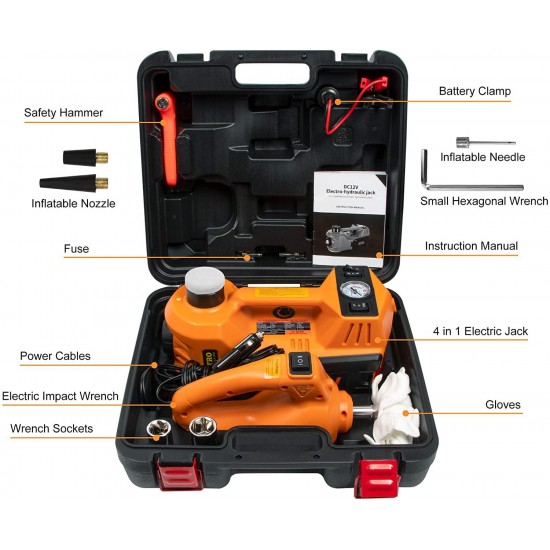 BEETRO 3 Ton Electric Hydraulic Car Jack with Inflator Pump and Electric Wrench, 5 in 1 Multi-Function Electric Car Jack 12V Hydraulic Jack with Jack Pad for an Emergency Tire Change