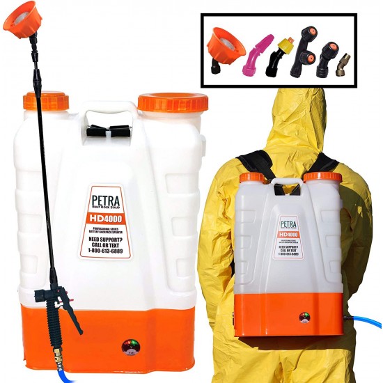 PetraTools 4 Gallon Battery Powered Backpack Sprayer – Extended Spray Time Long-Life Battery - New HD Wand Included, Wide Mouth Lid, Multiple Nozzles & Battery Included